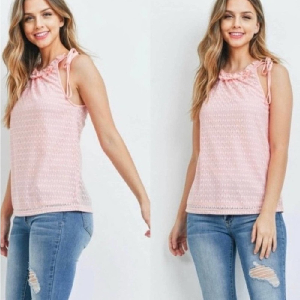 Pink Ruffle Neckline Overlay Halter Style Tank Top
